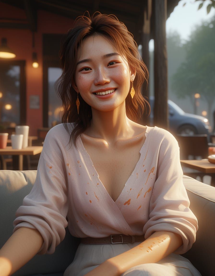 Korean Woman at Cafe: Romantic Realism Oil Painting