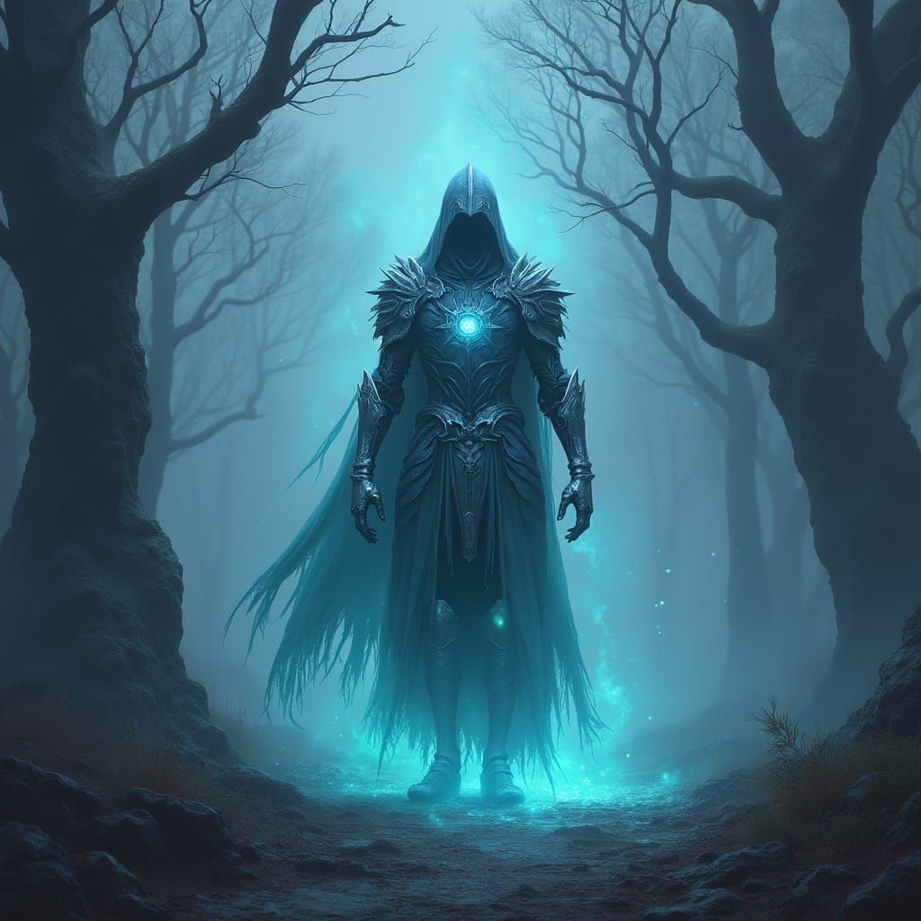 Ethereal Knight in Haunting Fantasy Landscape