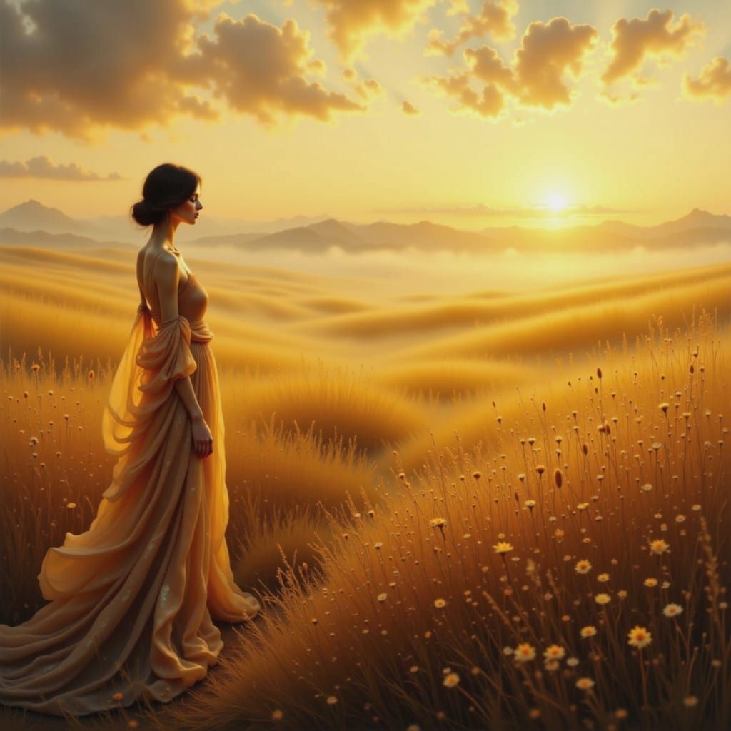 Lone Figure in Golden Meadow at Sunrise
