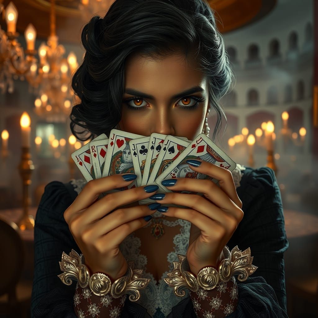 Victorian Woman's Poker Face in Ethereal Casino