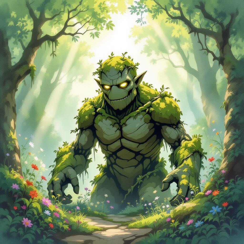 Mossy Stone Golem Awakens in Enchanted Forest