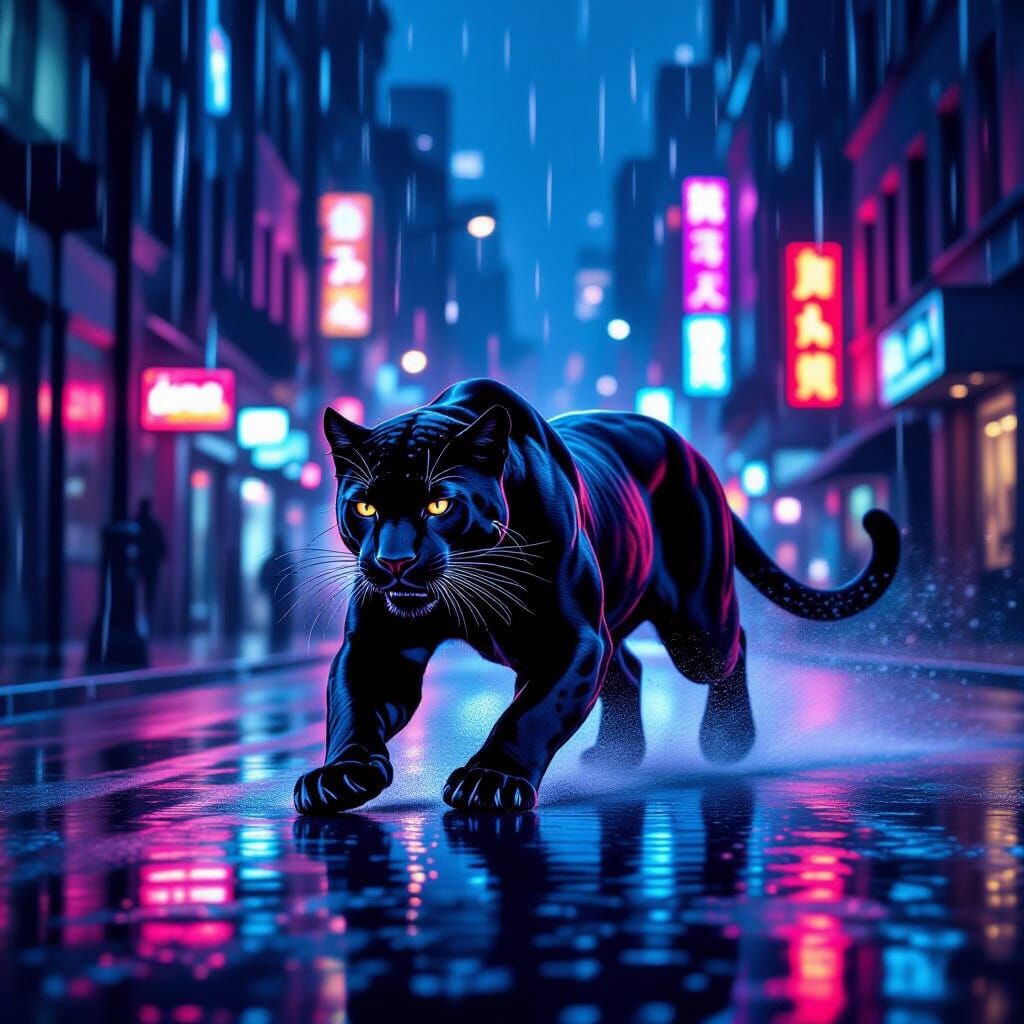 Panther Sprints Through Neon-Lit City Street at Night