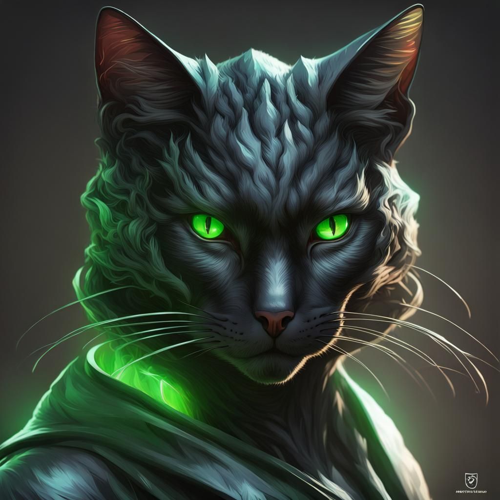 Intricate Portrait of Black Cat Humanoid with Green Eyes
