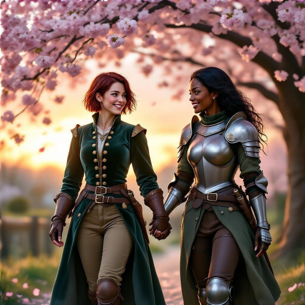 Vintage Knights Under Cherry Blossoms in 70s Cartoon Style