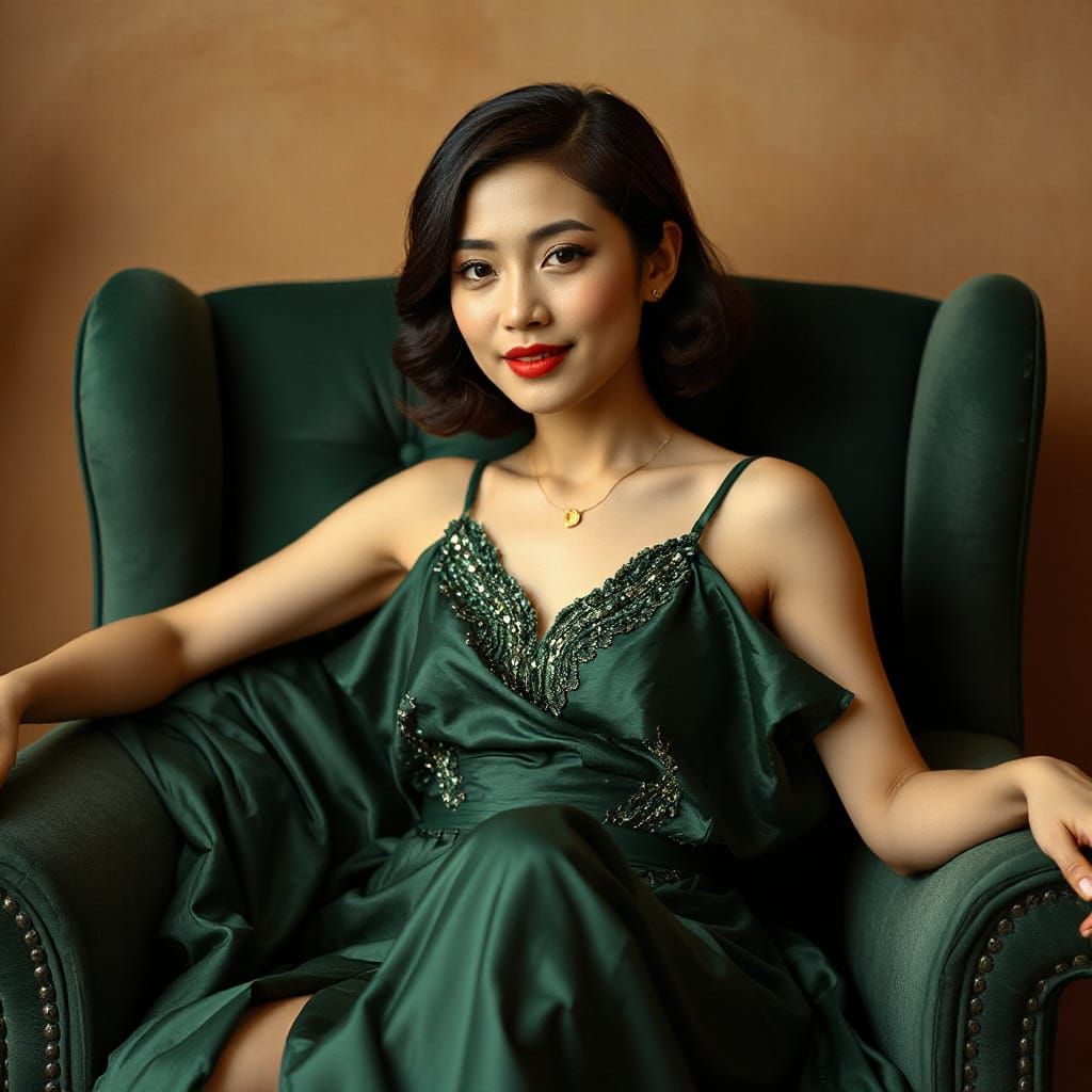 Elegant East Asian Woman in Emerald Green Velvet Armchair