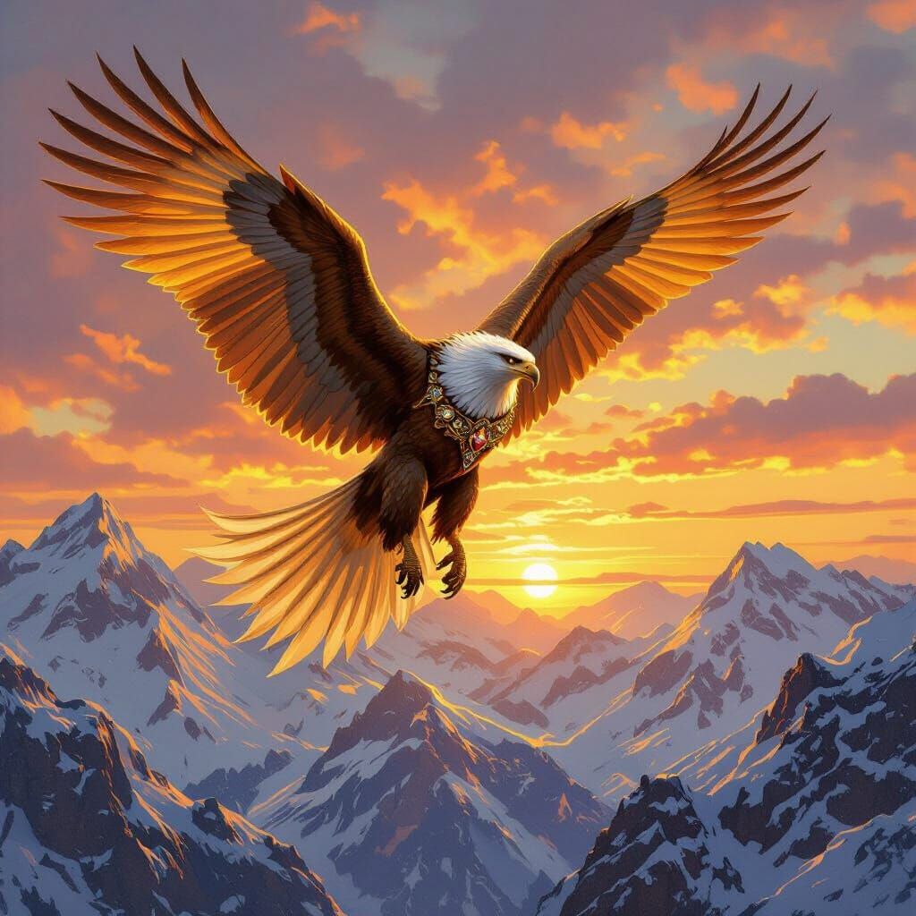 Griffin Soaring Over Mountains as Oil Painting