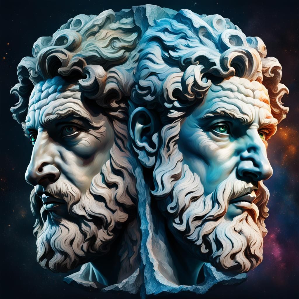 Hyperrealistic Janus Concept Art with Dramatic Lighting