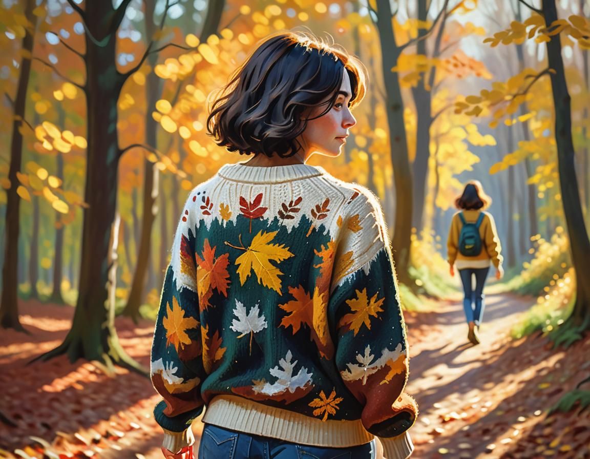 Autumn Forest Walk: Impressionistic Portrait in Monet Style