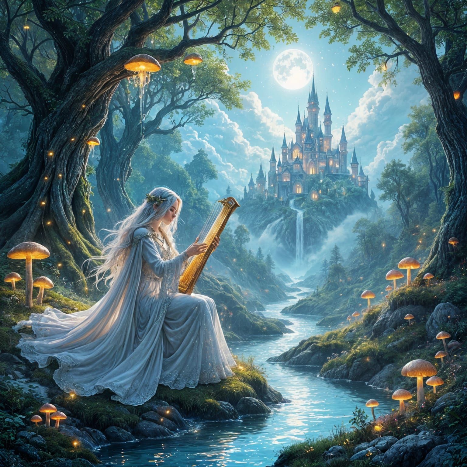 Enchanted Forest Scene with Ethereal Figure, Fantasy Art