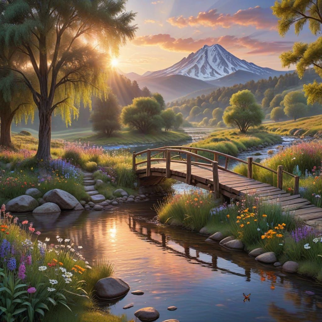 a peaceful scene with a flowing stream wildflowers butterflies willow tree wooden bridge colorful dawn hills forests ani...