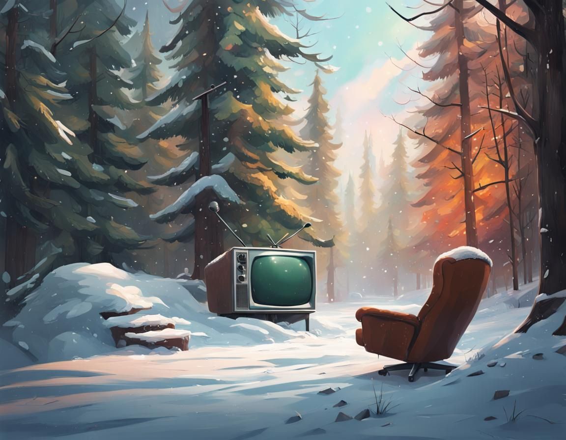 Winter Forest Scene with TV in Hyperrealistic Splash Art