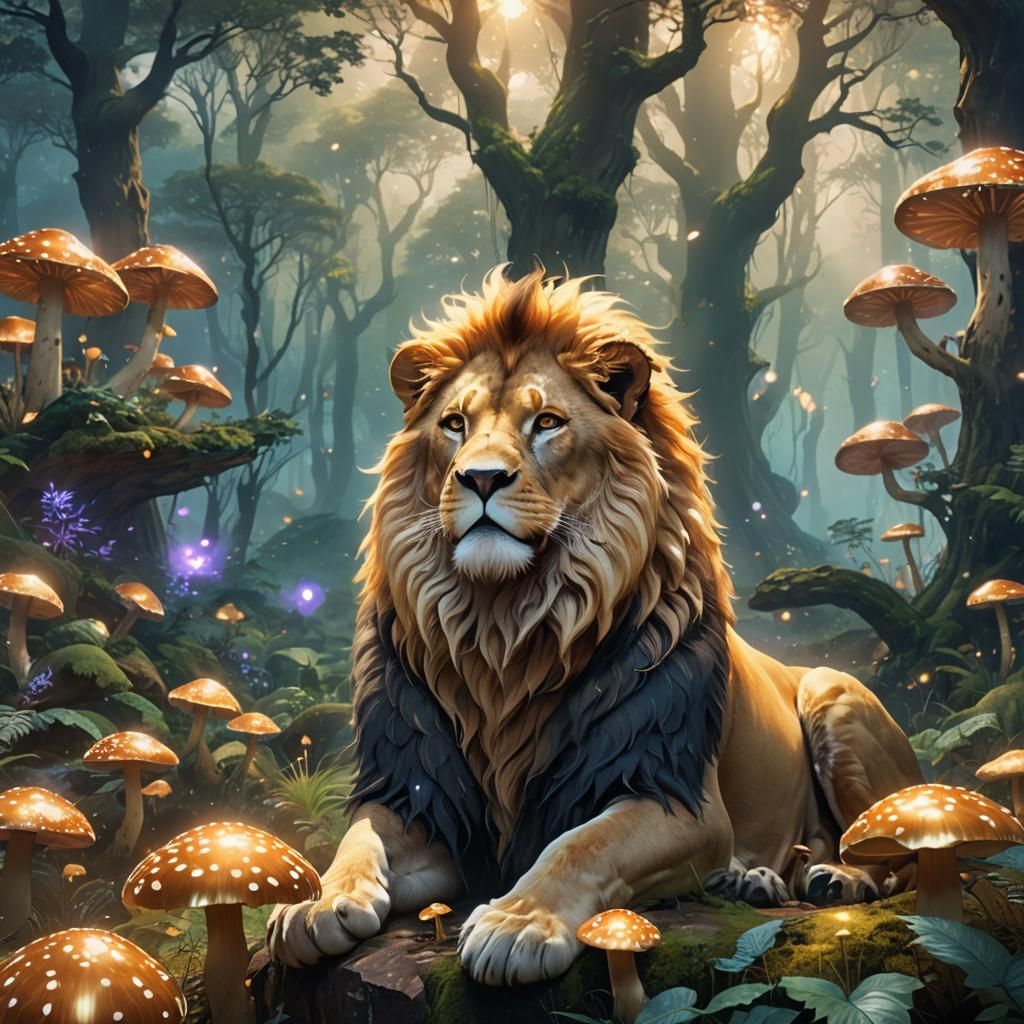 Dream Lion in Misty Forest: 3D Anime Art
