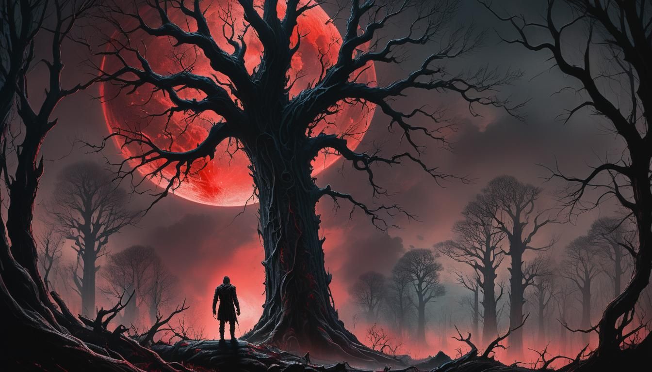 Red Moonlight Illuminates Dark Forest: Modern Fantasy Art
