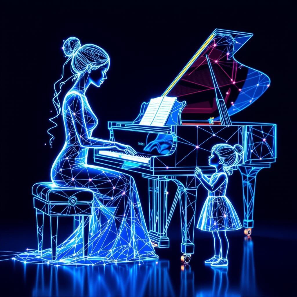 Cobweb Figures Play Piano in Neon Glow