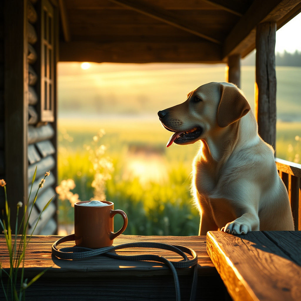 Labrador Retriever on Rustic Porch in Morning Light
