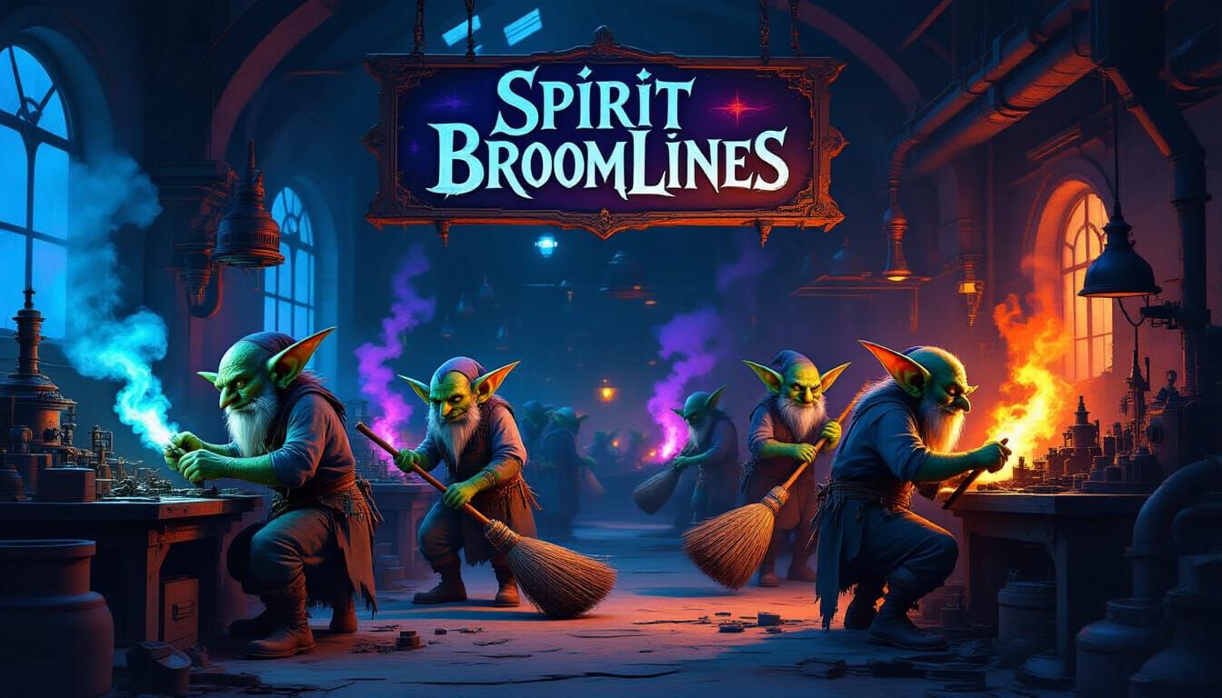 Goblins Crafting Magical Brooms in Abstract Surrealist Facto...