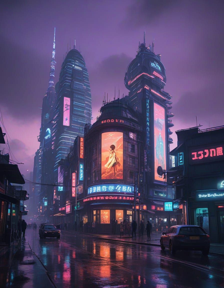 Cyberpunk Cityscape at Night with Neon Glow