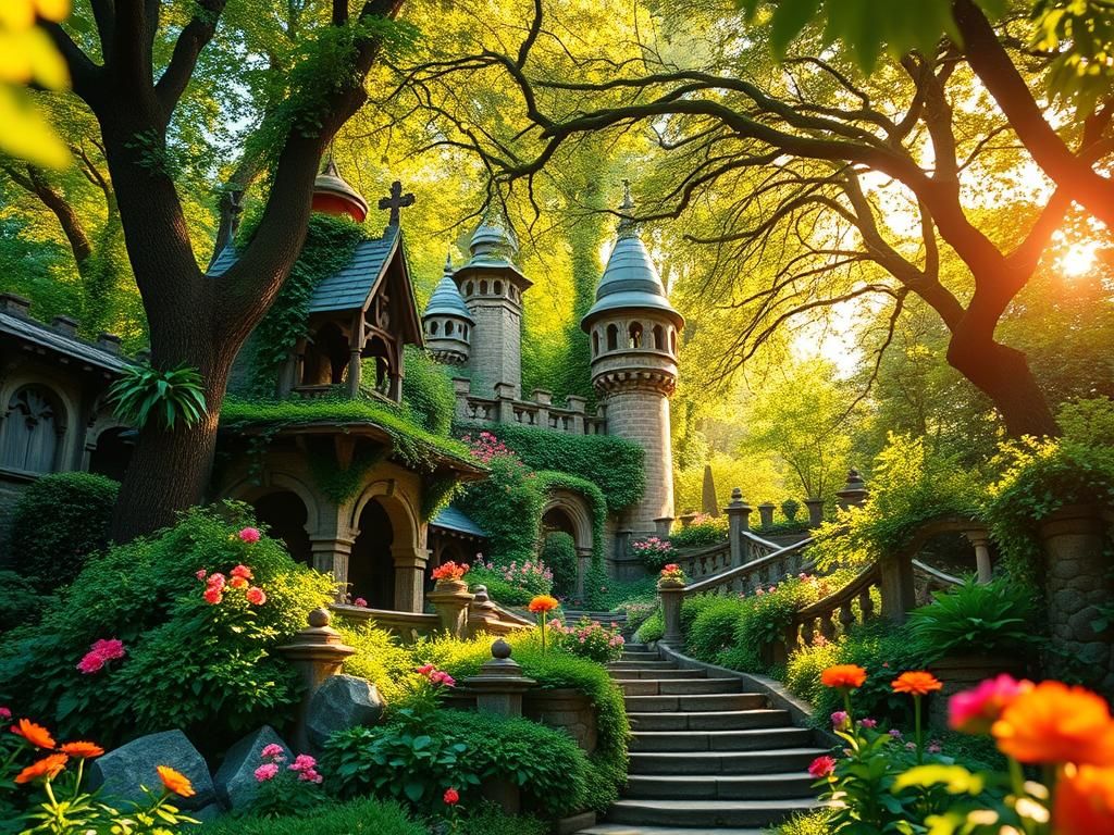 Lush Kingdom with Golden Sunlight and Floral Beauty