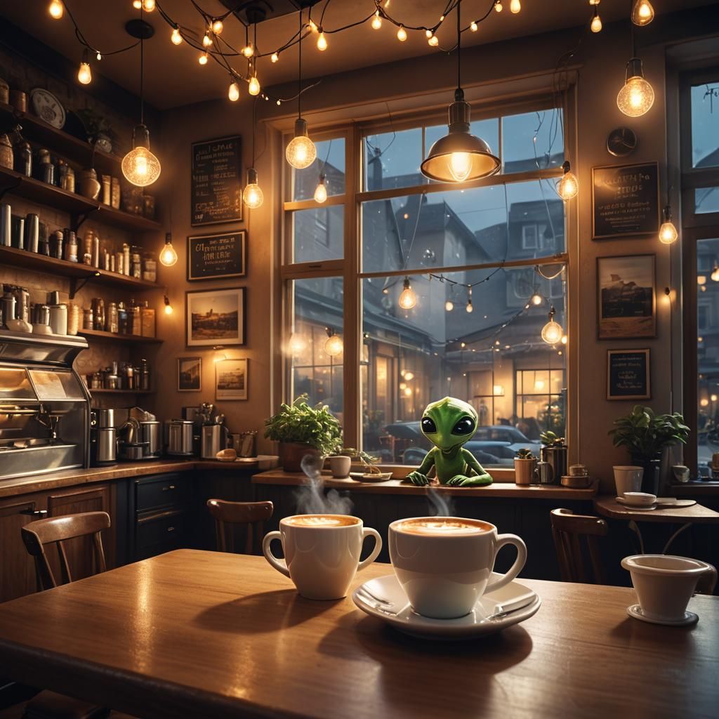 Alien Peeking into Cozy Coffee Shop: Digital Painting