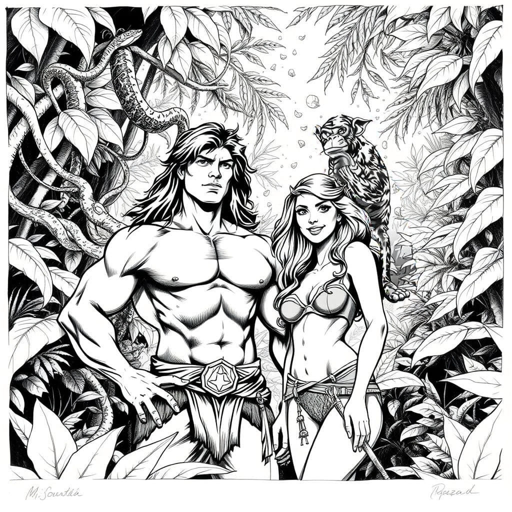 Tarzan and Jane in Luxurious Jungle Ink Drawing