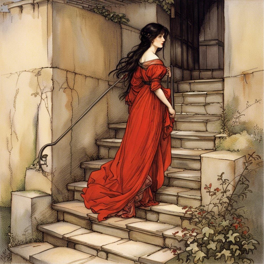 Medieval Maiden Descending Steps in Pre-Raphaelite Style
