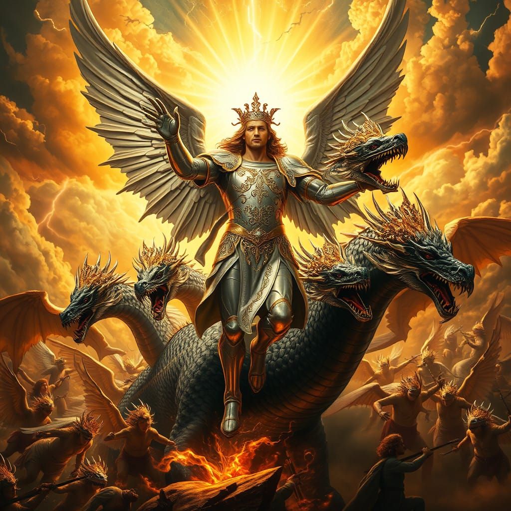 Archangel Michael Battles the Seven-Headed Dragon in Heavenl...