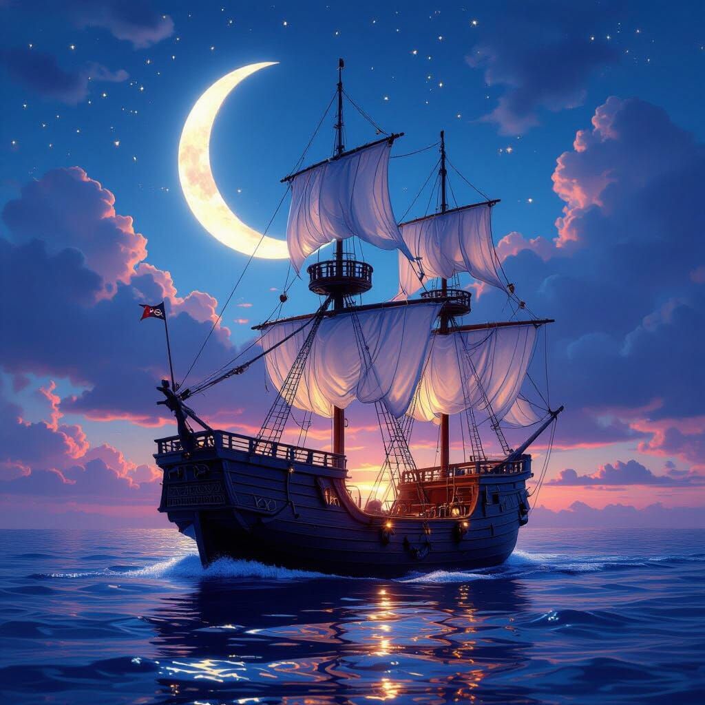 Crystal Water Pirate Ship Sails Through Twilight Sky