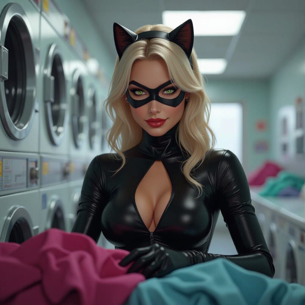 Catwoman Doing Laundry With a Stressed, Hot Smile