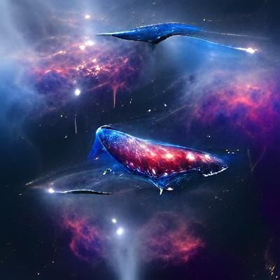 Blue Whale Soaring Through Space Nebula