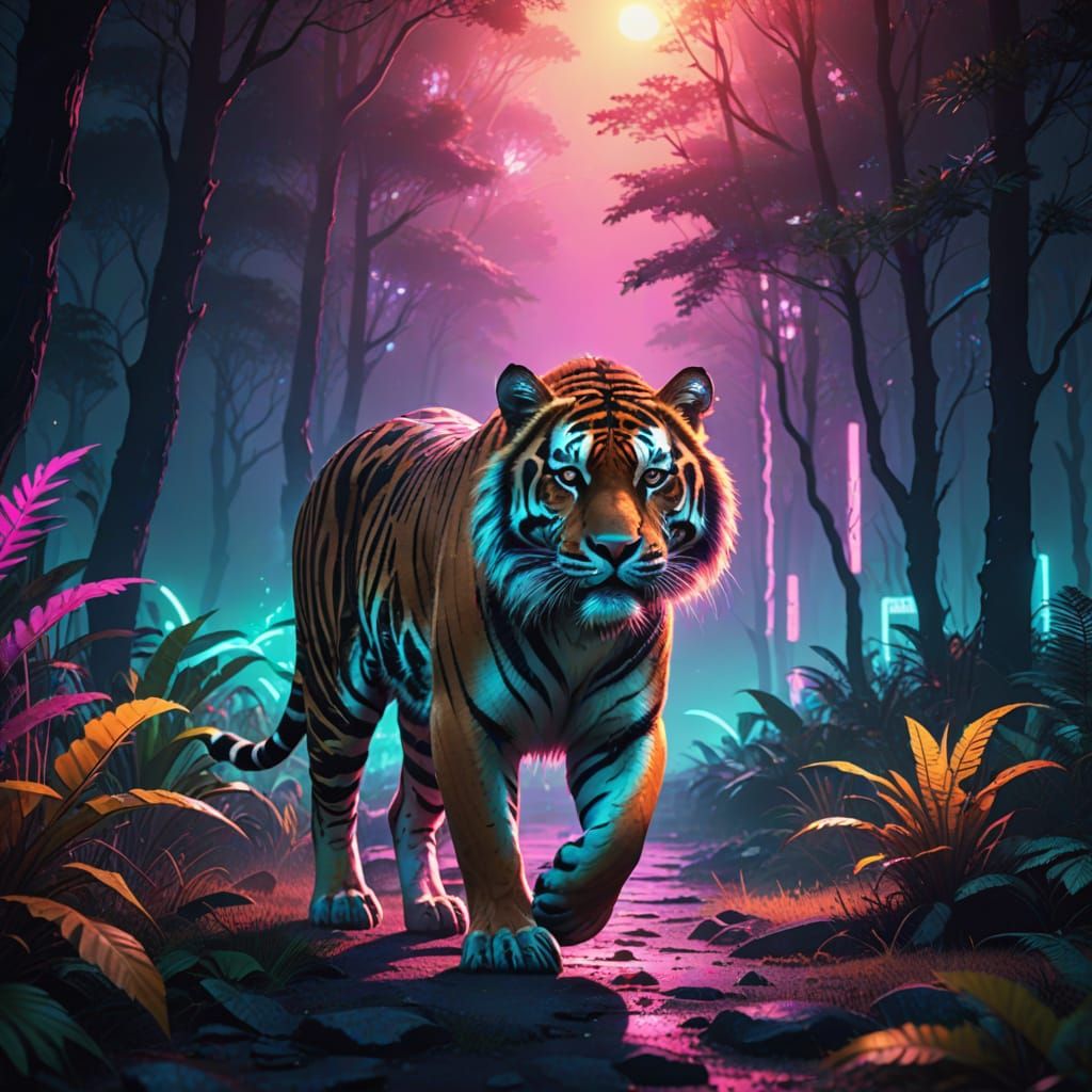 Tiger Emerges in Neon Retro Landscape