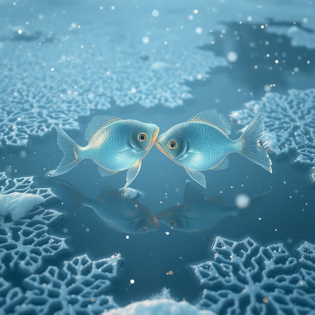 Pisces Zodiac Symbol in Iridescent Crystals and Ice