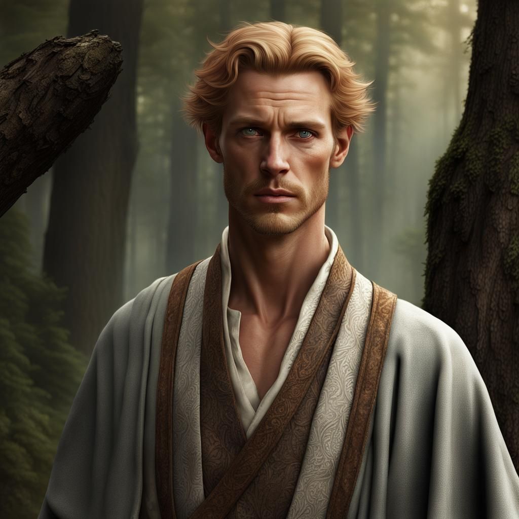 Ethereal Man in Woods: Detailed Fantasy Concept Art