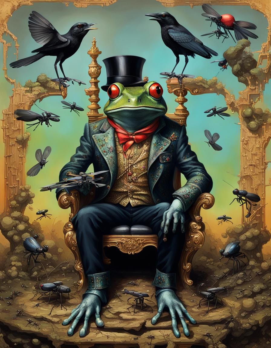 Metallic Frog King on Throne with Crow