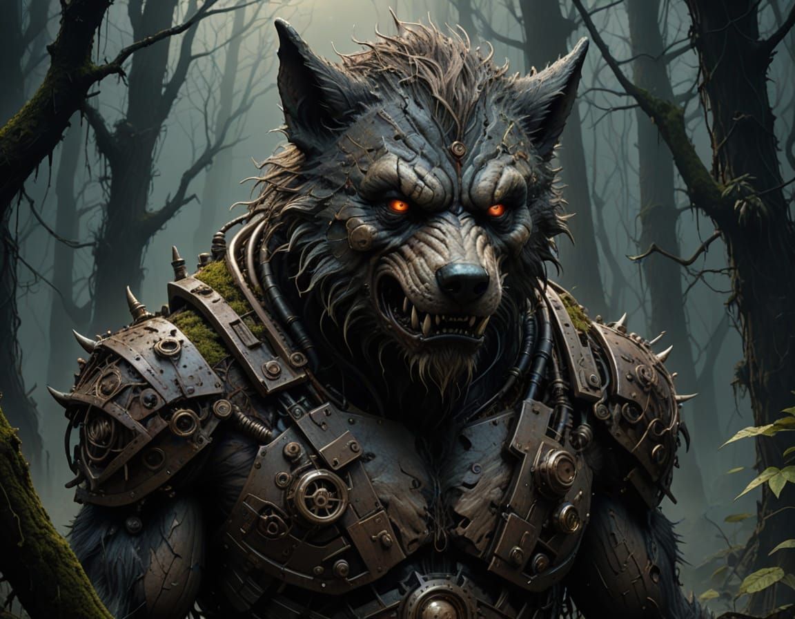 Elegant Steampunk Wolfman Amidst Dark, Toxic Landscape