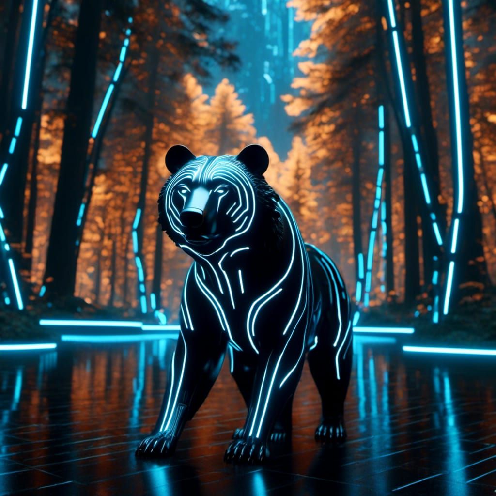 TRON inspired Grizzly Bear in a digital forest. 8K Resolution Unreal Engine 5 <lora:Gridrunners v1:1.0>