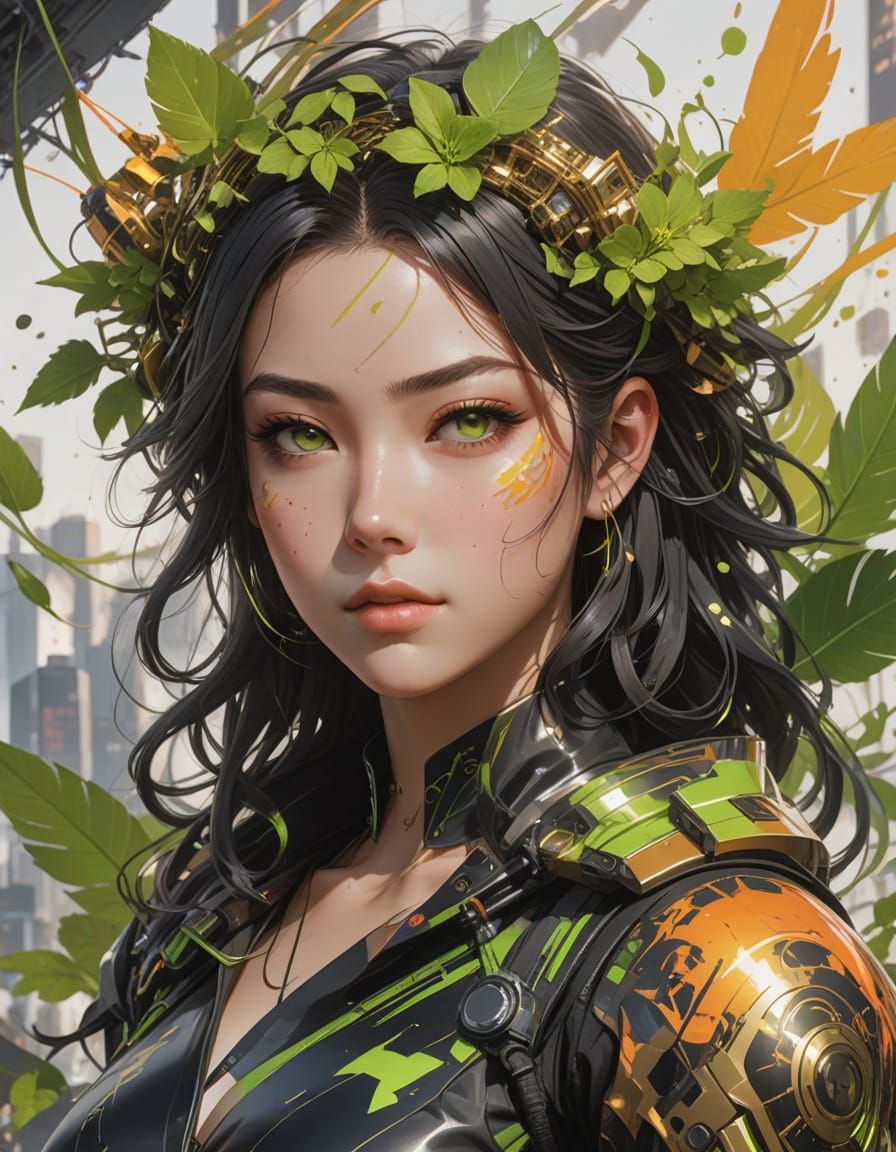 Confident Female Figure in Neon-Lit Cityscape with Anime and...