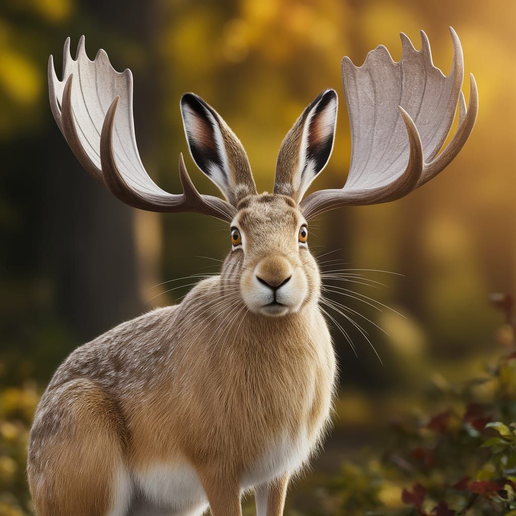 Majestic Hare with Moose Antlers in Autumn Forest