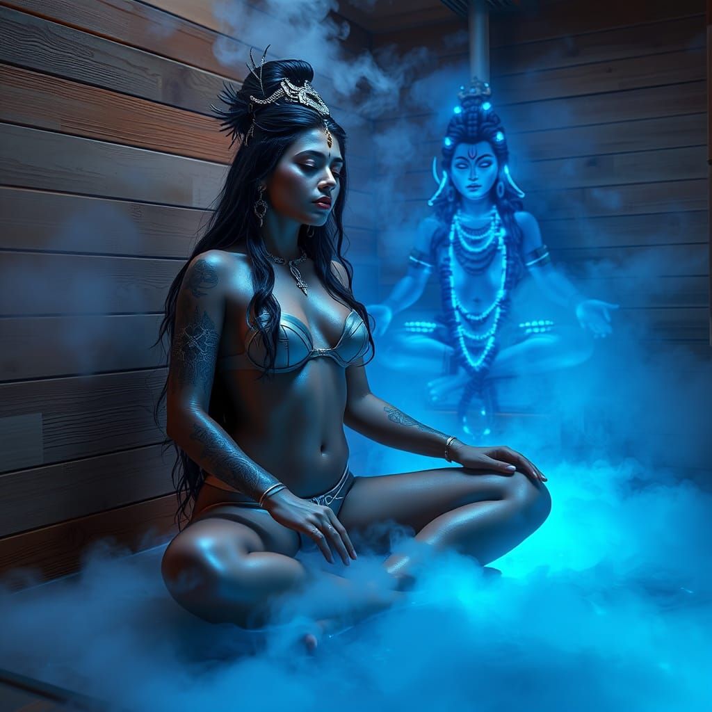 Sci-Fi Indian Woman and Shiva Meditate in Sauna