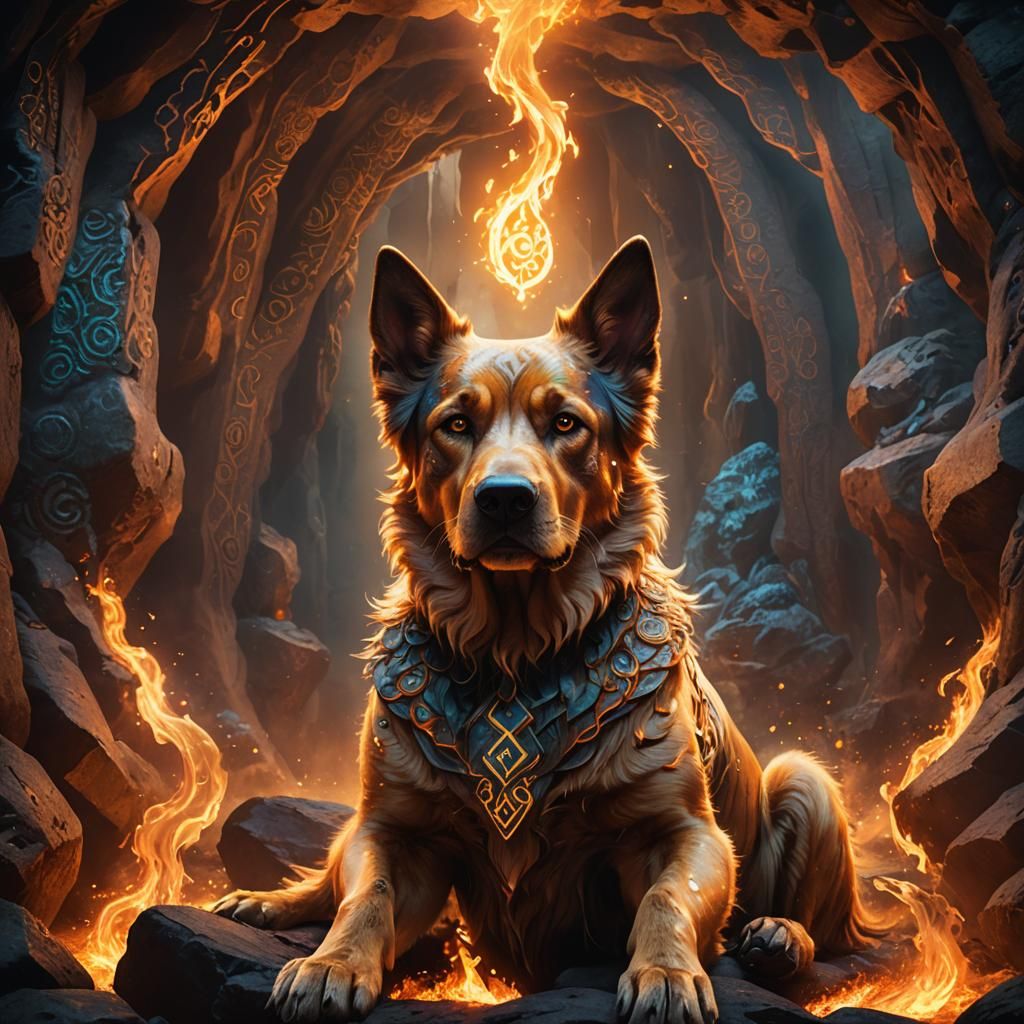 Mystical Fire Dog in Smoldering Cave