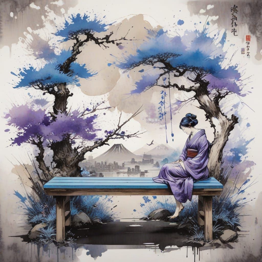 (a bench in Tokyo:1.5) Hokusai and Kanagawa and Yoji Shinkawa and Ukiyo-e and Hiroshige and Carne Griffiths, blue and pu...