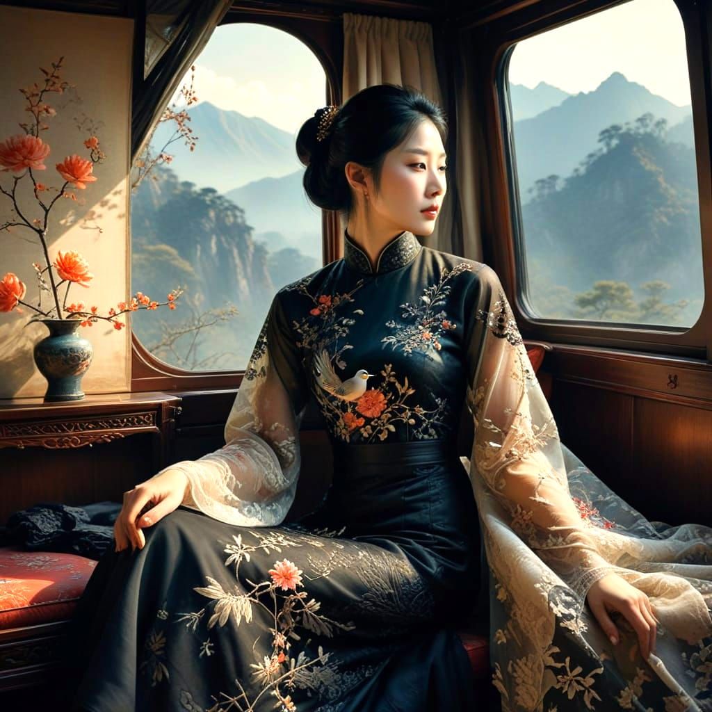 Elegant Chinese Woman in Dreamy Watercolor Landscape