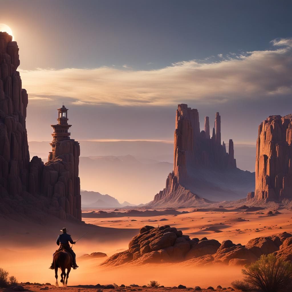 Cowboy on Horseback in Desert Twilight Painting