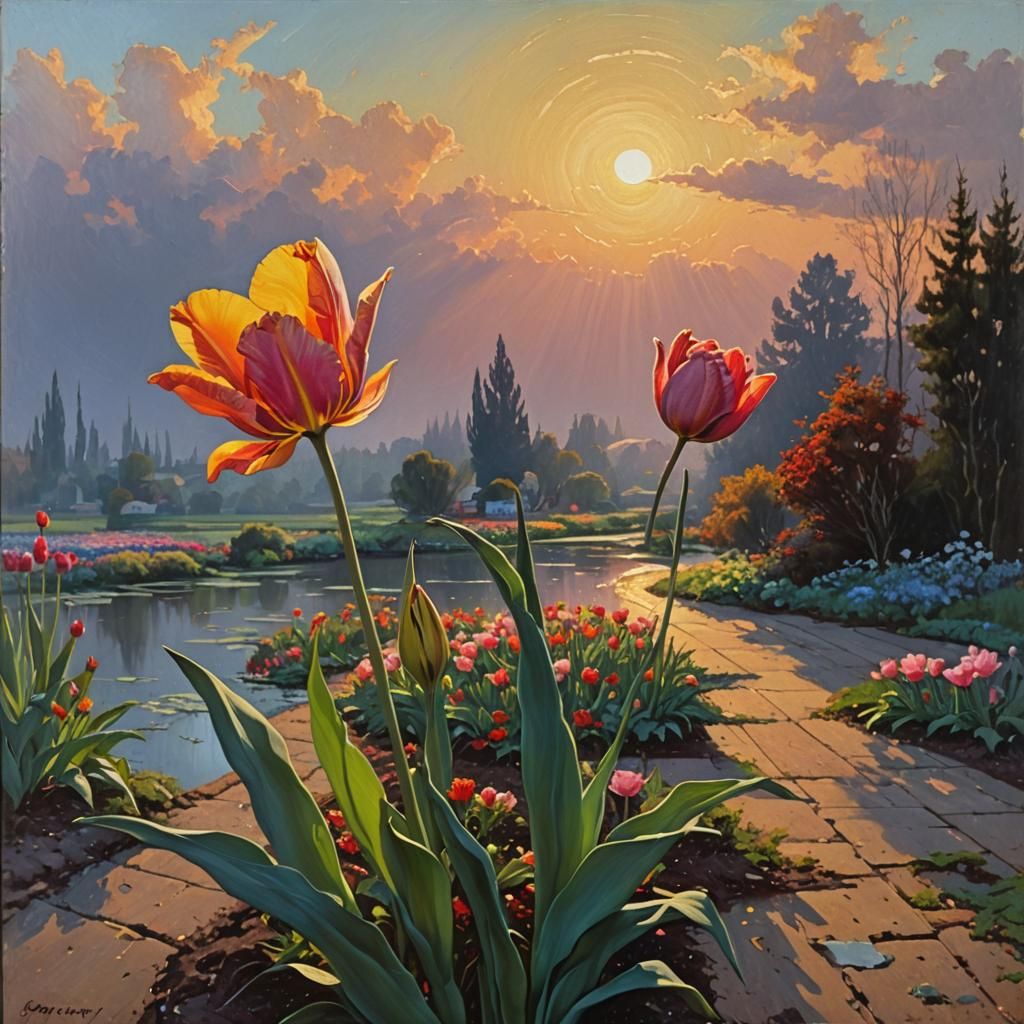 Sunset Bloom: A Rose-Tulip Hybrid in Oil