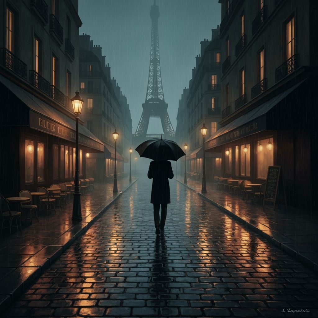 Parisian Night Scene: Lone Figure in Moody Digital Painting