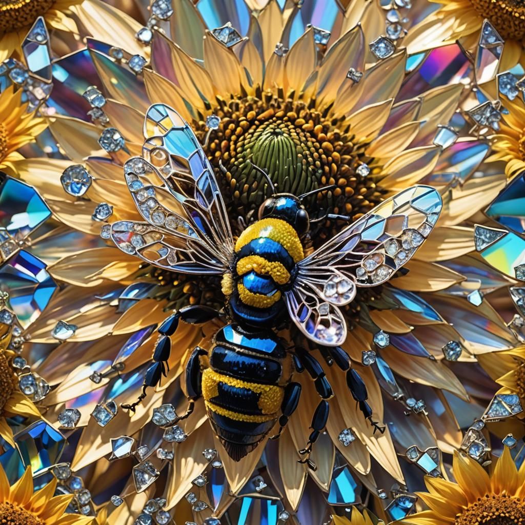 Diamond Bumble Bee on Rainbow Sunflower in Crystal Construct...