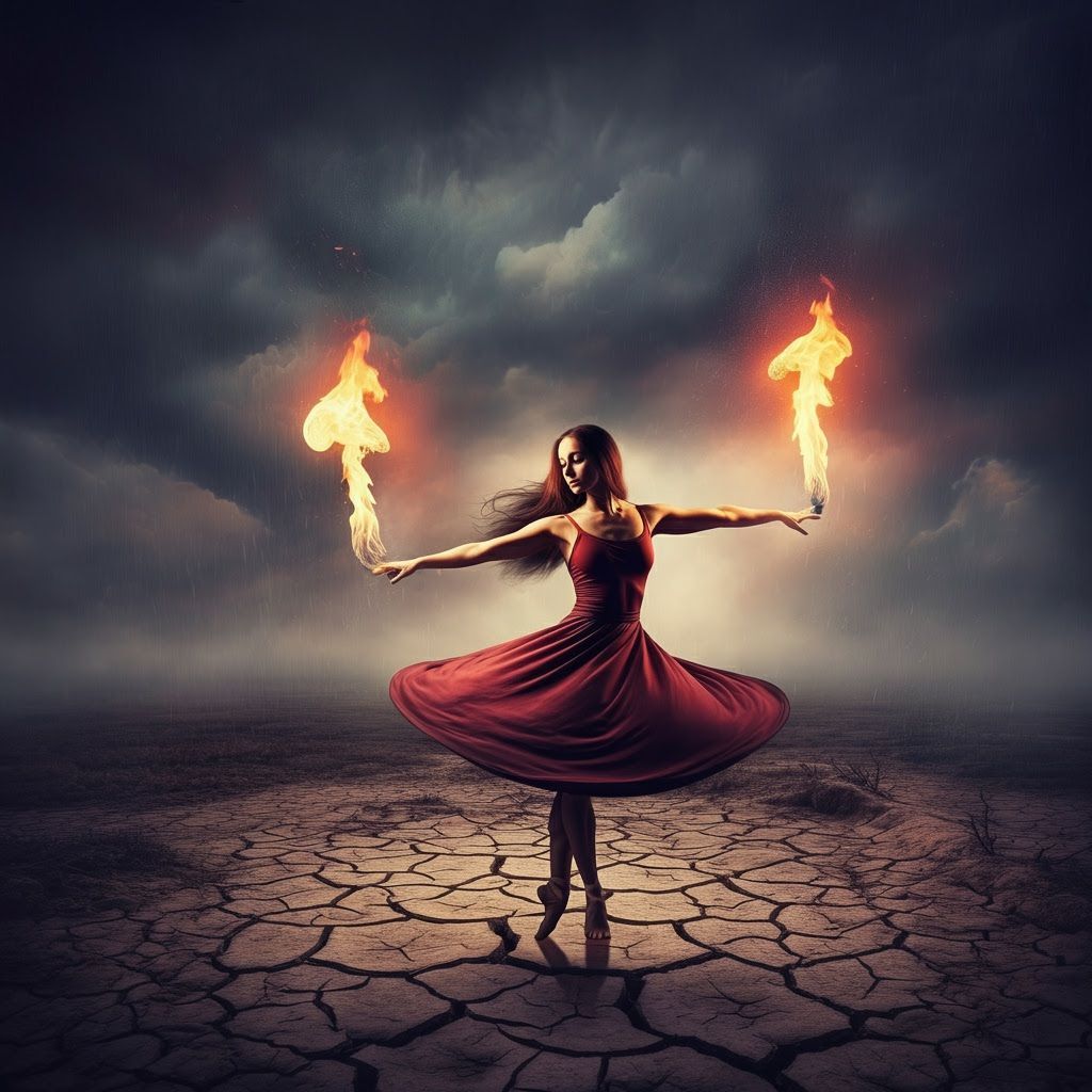 Fiery Dancer in Stormy Landscape: Surreal Art