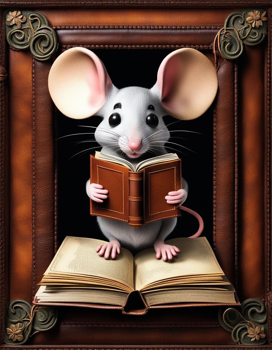 Whimsical Mouse in Frame of Leather Books