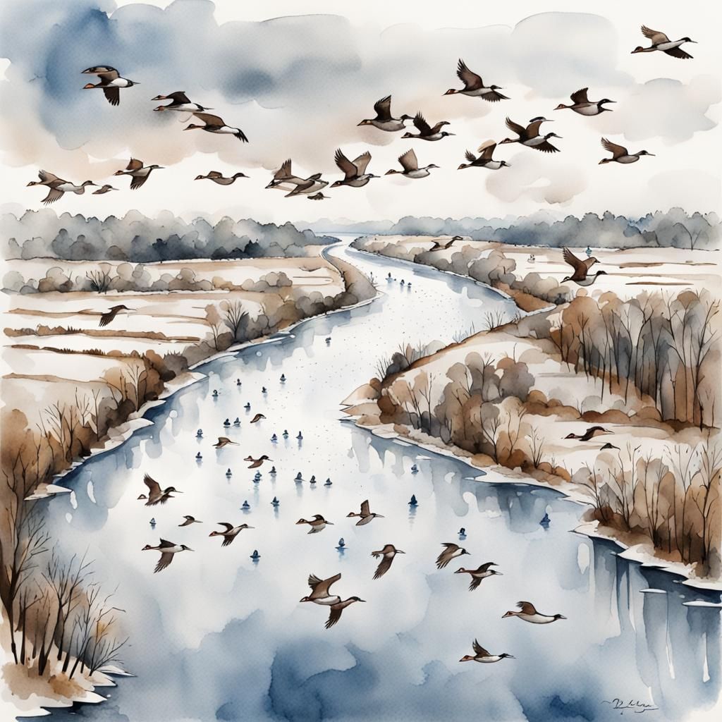 Ducks Fly Over Frozen River: Ink and Watercolor