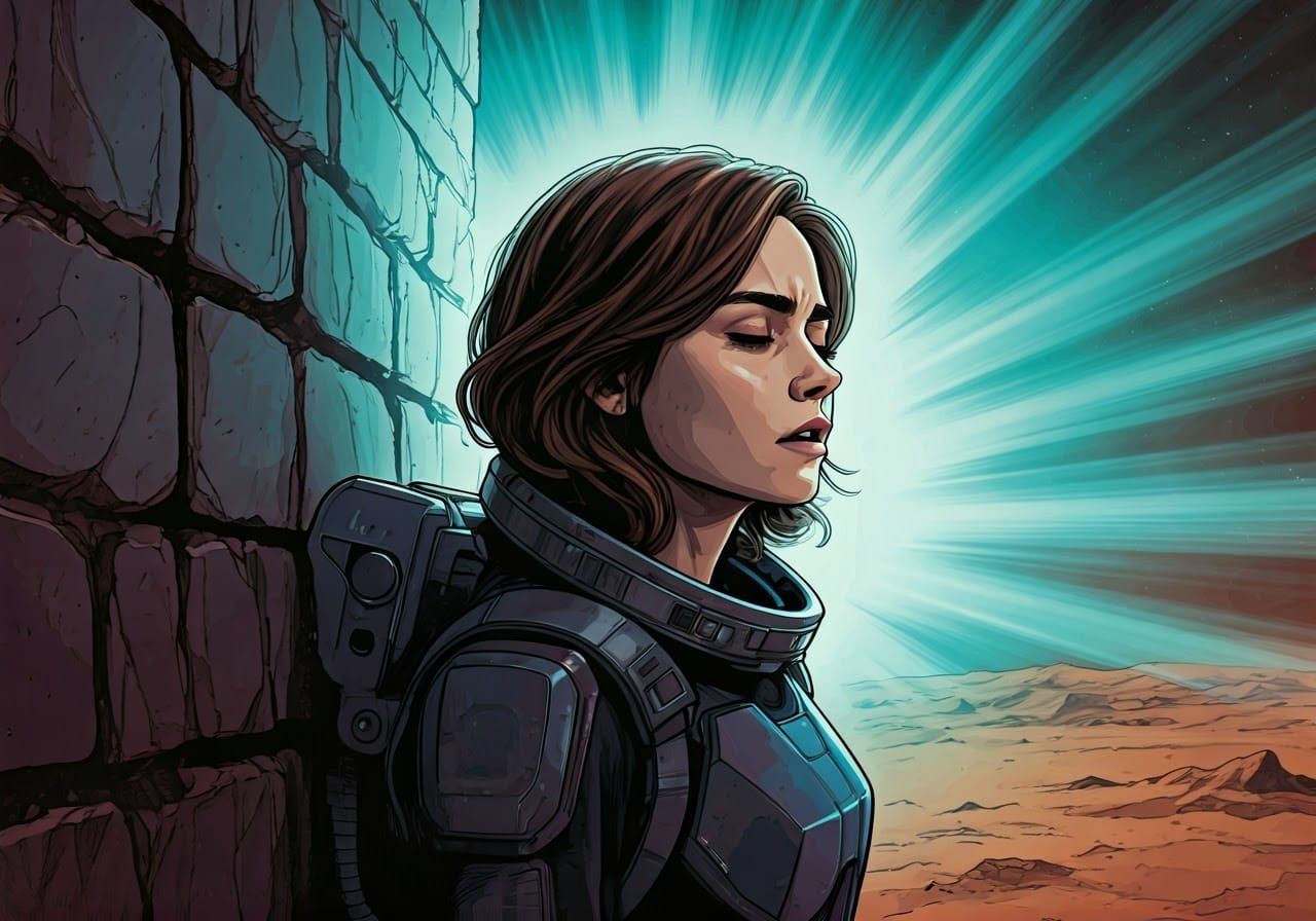 Gritty Clara Oswald Surrounded by Neon Desert