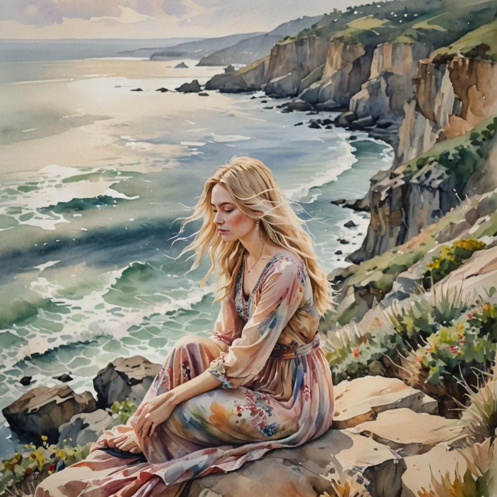 Bohemian Woman Gazing at Ocean as Watercolor Portrait